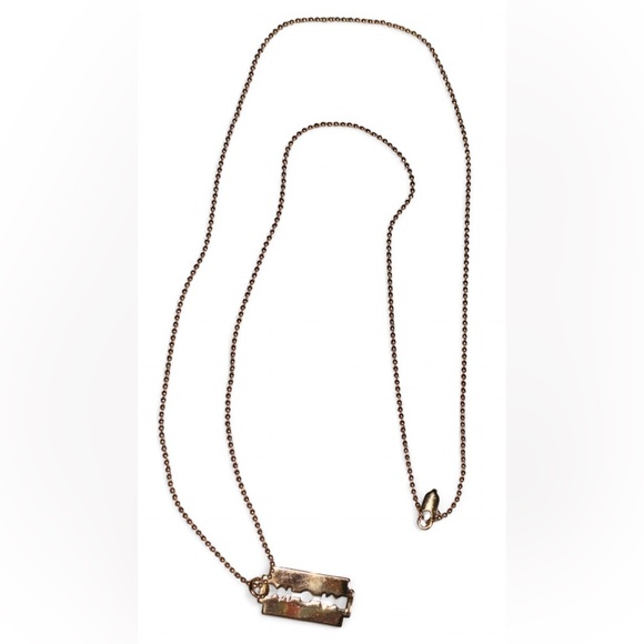 Gold Razor Blade Pendant Long Chain Necklace Size OS - Picture 3 of 3